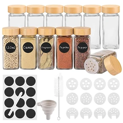 Immagine di Withosent 12pcs Barattoli Spezie con Coperchi in Bambù, 120ml Contenitori per Cucina, Set Portaspezie Vetro Vasetti Setaccio, Etichette, Spazzola, Lmbuto