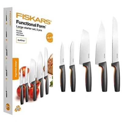 Immagine di Fiskars Set 5 Coltelli Cucina, Functional Form, Grande Coltello da Cuoco, per Verdure, Pomodori, Cuoco Santoku, Pane, Acciaio Inox Giap./Plastica, 1057558