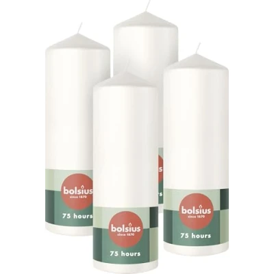 Immagine di Bolsius candele a pilastro, bianche, confezione da 4, 20 x 7 cm, decorative per la casa, lunga durata di 75 ore, non profumate, include cera vegana naturale, senza olio palma