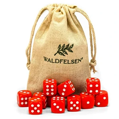 Immagine di Waldfelsen 6, 12, 20, 30 o 50 dadi di alta qualità, dimensioni standard 16 mm, acrilici, da gioco, 6 lati, set accessori gioco con sacchetto stoffa (rosso, 12 pezzi)
