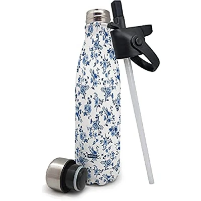 Immagine di Nerthus FIH 570 Thermos a Doppia Parete per Freddo e Caldo. Disegno di Fiori in Acciaio Inossidabile con Tappo Cannuccia 500 ml. Senza BPA ermetico
