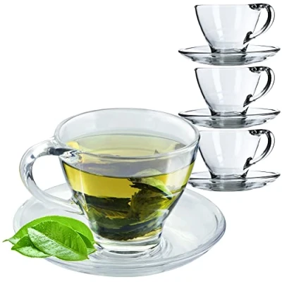 Immagine di KADAX tazza in vetro con piattino, 200 ml/250 ml, set di tazze trasparente, da tè, caffè, sottobicchieri (Hannah/4 pezzi)