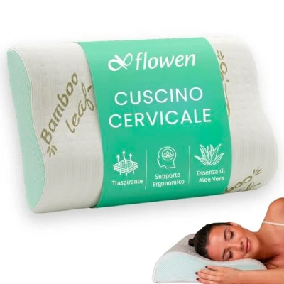 Immagine di Flowen Cuscino Cervicale Memory Foam per Dormire Ortopedico Aloe Vera Guanciale Letto Ideale Supporto al Collo Ergonomico Traspirante Antirussamento Anallergico Federa in Bamboo Lavabile
