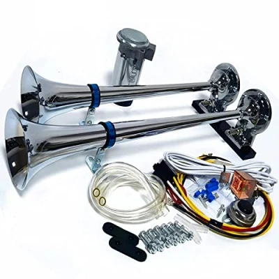 Immagine di YIYIDA Tromba d&#039;aria Clacson per auto 165DB Car Horn nave camion Zinco Cromato a tono alto e basso argento doppio tubo con compressore 24V yacht ecc