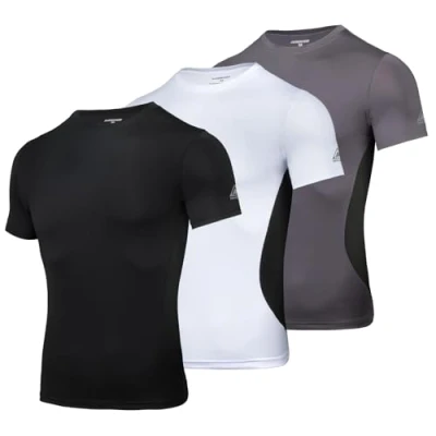 Immagine di AMZSPORT Maglietta a Compressione da Uomo, Maniche Corte, Funzionale, Cool Dry, per Allenamento e Corsa, Nero Bianco Grigio, L