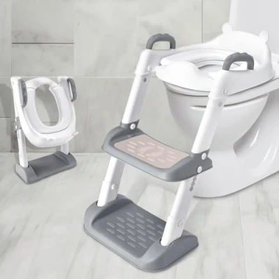 Immagine di Mkitnvy Riduttore WC per Bambini con Scaletta e Sedile Vasino, Regolabile Pieghevole Antiscivolo Gradini Larghi Morbido Cuscino Toilette Portatile Trainer V,U,O