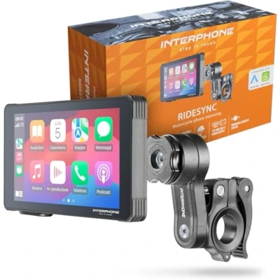 Immagine di INTERPHONE Display Moto Carplay Android con Attacco a Manubrio Tondo Incluso, 5 Pollici Impermeabile Utilizzabile Supporti Quiklox Auto e