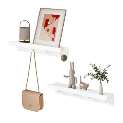 Immagine di WOLTU Mensola da Muro, Parete con 4 Ganci, Bianca per Cucina, Corridoio, Soggiorono, Camera Letto, Appendiabiti Mensola, 51x12x10cm, RG9510ws 2