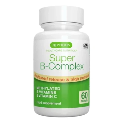 Immagine di Super B Vitamina complex ad alto assorbimento e rilascio prolungato,B1,B2,B3,B5 B6,B12, Biotina, Folato C. 60 compresse Vegane
