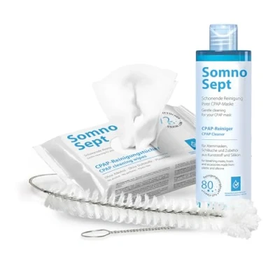 Immagine di SomnoSept Set di pulizia CPAP (SomnoSept 400 ml, salviettine detergenti 72 pezzi, Oxyhero Brush 19 mm) Pacchetto completo alta qualità