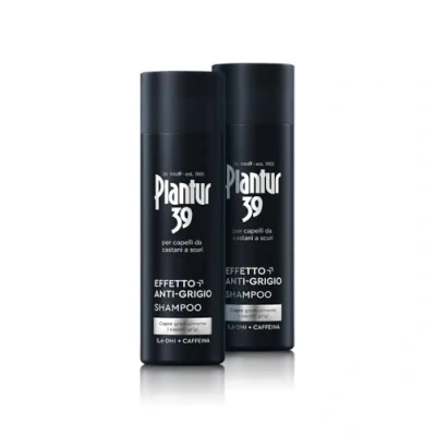 Immagine di Plantur 39 Effetto Anti Grigio 5,6 DHI &amp; Caffeine Shampoo 2 x 200ml capelli gradualmente più scuri e forti Controllo dell’intensità del colore Favorisce la crescita naturale dei
