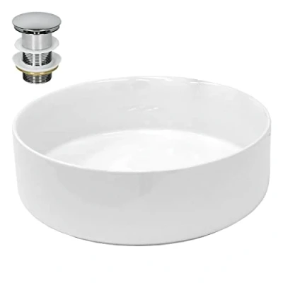 Immagine di ECD Germany Lavabo da Appoggio incl. Set Scarico Senza Troppopieno Ø 355 x 120 mm in Ceramica Rotondo Finitura Colore Bianco Lucido Lavandino Design Moderno Bacinella Lavamani Lavello Sanitari Bagno