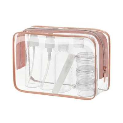 Immagine di MOCOCITO Borsa da Toilette Viaggio Trasparente con 8 Bottiglie Approvata Secondo le Regolamentazioni UE e UK sul Bagaglio a Mano Borsetta Trucco Zip(Oro rosa)