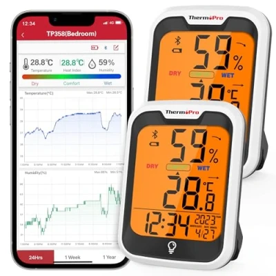 Immagine di ThermoPro TP358 2 termometro igrometro Bluetooth interno per interni, set da pezzi, ora 0,2 C, misuratore di umidità dell&#039;aria con registrazione, camera letto