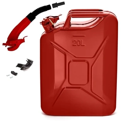 Immagine di BW© Tanica per carburante in metallo, 20 litri, con beccuccio, colore rosso, RAL 3000, certificato TÜV e approvazione ONU, Made Europe