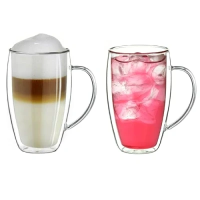 Immagine di Creano tazze in vetro termico a doppia parete con manico, 250 ml, grandi borosilicato parete, da tè/caffè, 2x250 ml