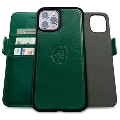 Immagine di dreem Fibonacci compatibile con iPhone 13 Pro Max custodia a portafoglio/custodia antiurto 2 in 1 e folio pelle vegana staccabile, MagSafe, protezione RFID [Verde]