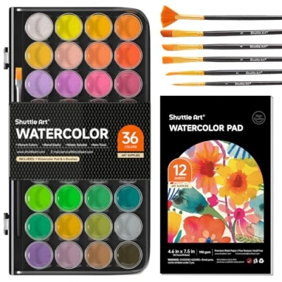 Immagine di 43 Pack Watercolour Paint Set, Shuttle Art 36 Colours Pan Set with 6 Brushes and 1 Pad for Beginners, Artists, Kids &amp; Adults Painting, Bullet Journal, Calligraphy