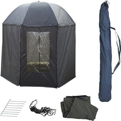 Immagine di PHOENIX 91109 Ombrellone da pesca, Ø 250 cm, con mantello e picchetti, protezione pioggia, vento, sole UV freddo, 3 uomini bagagli alla carpa + custodia inclusa, verde scuro, S