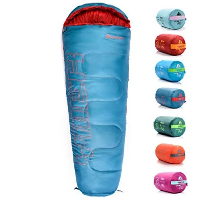Immagine di meteor Sacco a Pelo Mummia Ideale per Bambini Campeggio Viaggio Escursioni Trekking Albergo Treno leggero Compatto Confortevole con Compressione YMER ((130 + 25) x 60/40 cm, Arancio/blu)