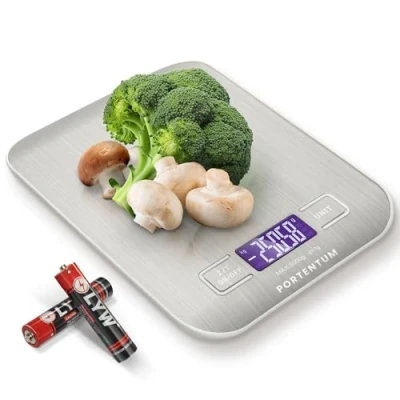 Immagine di PORTENTUM bilancia da cucina con display LCD, acciaio inossidabile, multifunzione per alimenti 5 kg/11 libbre, blu