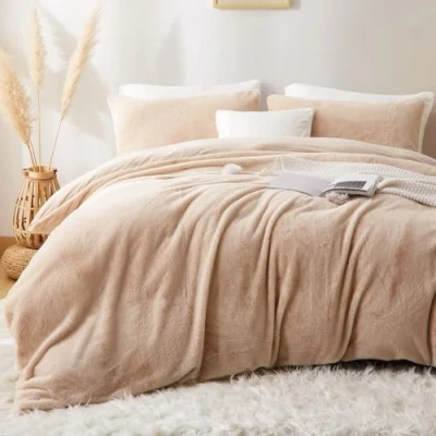 Immagine di Lanqinglv biancheria da letto in peluche 135 x 200 cm, colore beige e bianco, soffice invernale flanella, con chiusura lampo 1 federa 80 cm