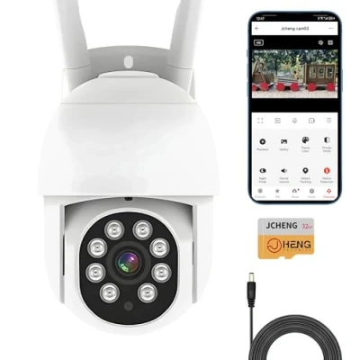 Immagine di JCHENG Telecamera di sicurezza esterna 4 MP con rilevamento del movimento e vocale Monitoraggio remoto Scheda SD inclusa Compatibile Alexa Google Home Integrazione IP65