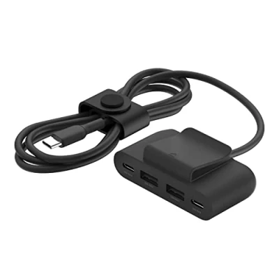 Immagine di Belkin Prolunga splitter di alimentazione a 4 porte USB con cavo da 2 m, C, A, adattatore 30 W, ricarica rapida per iPhone 14 e Galaxy S23, design eco friendly clip rimovibile
