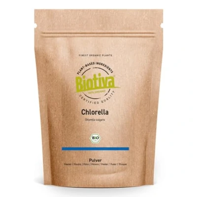 Immagine di Clorella in polvere Bio 100g alghe Chlorella vulgaris confezionato e controllato Germania Biotiva
