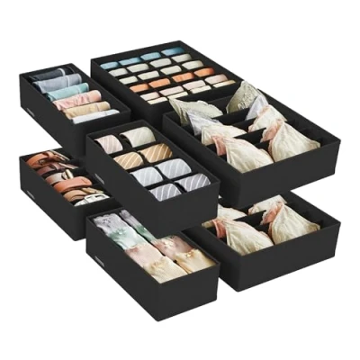 Immagine di SONGMICS Set di 8 Divisori per Cassetti, Organizzatori Biancheria Intima Pieghevole, Reggiseni Mutande Calzini Cravatte, Scatole Portaoggetti in Tessuto Armadio, Nero RUS008B01
