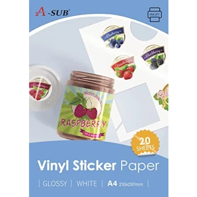 Immagine di a SUB Carta adesiva in vinile stampabile impermeabile premium bianca lucida, Etichette autoadesive per stampanti getto d&#039;inchiostro, Formato A4, 20 fogli