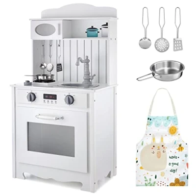 Immagine di Mamabrum Cucina per Bambini in Legno Bianca Giocattolo da con Grembiule, Accessori e Lampada a LED Gioco di Ruolo Luce
