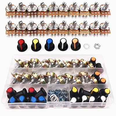 Immagine di GTIWUNG 20Pcs Potenziometro Rotativo a Cono Lineare, WH148 Albero 3pin con Dado e Rondella, Regolabile 3 Terminale B Tipo Rotante Pomello Berretto(B5K B10K B20K B50K B100K Ohm)