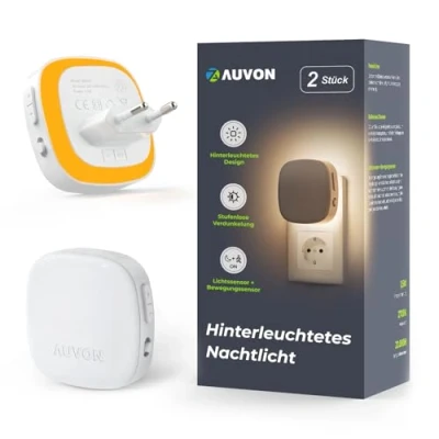 Immagine di AUVON Luce Notturna LED con Sensore di Movimento e Crepuscolare, [2 Pezzi] Bambini Retroilluminata Bianco Caldo 1 50 lm, Luminosità Regolabile per Corridoio, Scale (Ambra)