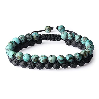 Immagine di COAI Bracciale Unisex Doppio Strato con Perle in Pietra Lavica e Turchese Africano, Regolabile