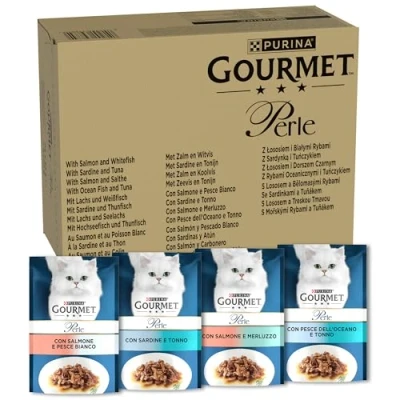 Immagine di Purina Gourmet Perle Filettini in Salsa Umido Gatti con Salmone, Sardine,Merluzzo, Pesce dell&#039;Oceano, 96 buste da 85g