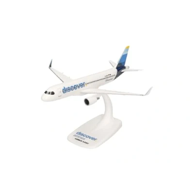 Immagine di herpa modello aereo Snap Fit Airbus A320 Discover Airlines, miniatura in scala 1:200, pezzo da collezione, con supporto, plastica.