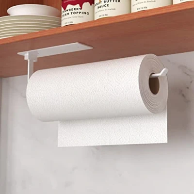 Immagine di Porta carta da cucina senza foratura, Portarotolo in cucina, autoadesivo, pratico supporto per rotolo di sotto l&#039;armadio, sia colla che viti