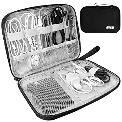 Immagine di HCFGS Organizer Cavi, Borsa da Viaggio Custodia Cavi Resistente All&#039;acqua Piccoli con Braccialetto Pochette Antiurto per USB, Schede SD, Caricabatterie, Hard Disk (Nero)