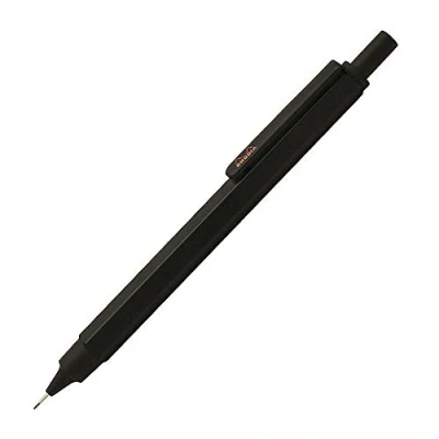 Immagine di RHODIA 9399C Porta mine scRipt Corpo esagonale in alluminio spazzolato Nero per grafite standard 0,5 mm, Fusto acciaio retraibile, Gomma sotto il Pulsante Collezione