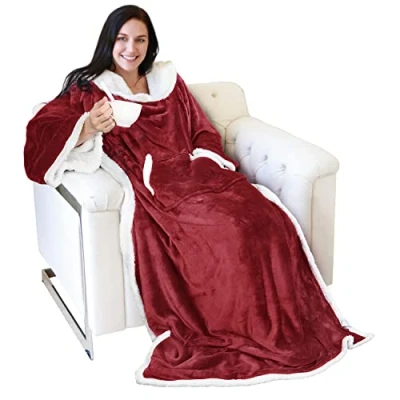 Immagine di Catalonia Classy Accogliente coperta con maniche e tasche, TV double face in micropile sherpa calda, regalo per adulti donne uomini 185cm x 140cm