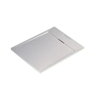 Immagine di Ideal Standard Ultra Flat S i.life, Piatto doccia rettangolare 100x80 in resina, Piletta di scarico lato corto, Finitura opaca effetto pietra, Bianco