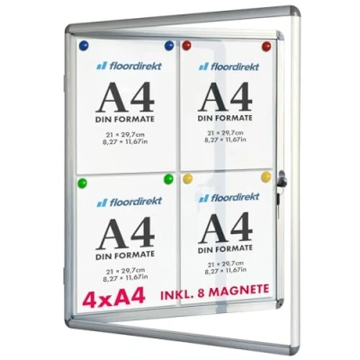 Immagine di Floordirekt Vetrina 4 x A4 con 8 calamite, cassetta da appendere cornice in alluminio e vetro acrilico