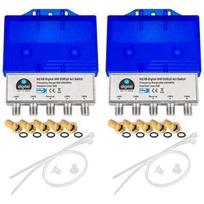 Immagine di 2 interruttori HQ DiseqC 4/1 con alloggiamento di protezione dalle intemperie HB DIGITAL 4 X SAT LNB 1 partecipante/ricevitore per Full HDTV 3D 4K UHD + 10 connettori F placcati in oro