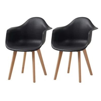Immagine di HJhomeheart Set di 2 Sedie da Pranzo con Braccioli, Design Moderno, Gambe in Legno Faggio, Cucina Scandinave (Nero)