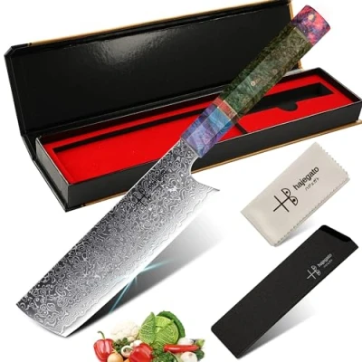 Immagine di hajegato Coltelli da Cucina Damasco Nakiri Unico nel Suo Genere Manico Professionale Coltello Giapponese 7 Pollici Professionali Vg10 di Alta qualità 67 Strati Chef