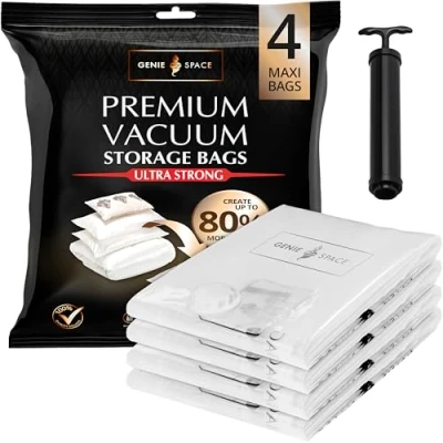 Immagine di GENIE space Incredibly Strong Premium Saving Vacuum Bags Storage Airtight &amp; Reusable Create 80% more For Clothes, Towels, Bedding, Duvets and more. (Maxi (4pz))
