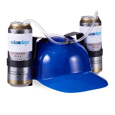 Immagine di relaxdays Cappello Porta Birra, Elmetto con Cannuccia, Supporti per 2 Lattine, Gadget Carnevale, Calcio, Feste, Blu