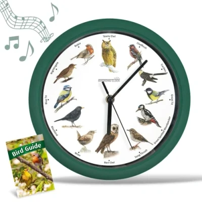Immagine di STARLYF Orologio da Parete Birdsong Clock, con Suoni Reali di 12 Diversi Uccelli, Calendario del Silenzio Notte, Ogni Ora Canta Uno dei Uccelli canori Locali, 25 cm Diametro