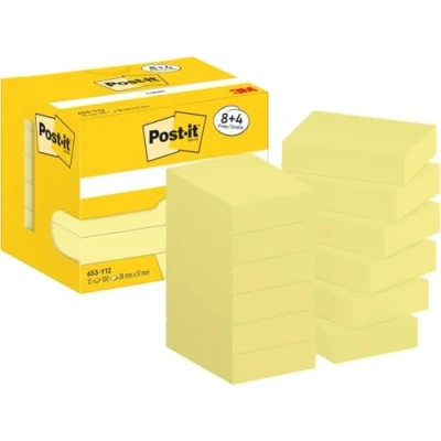 Immagine di Post it Foglietti Canary Yellow, Pacchetto Promozionale, 8 + 4 Blocchetti GRATIS, 100 Fogli per blocco, 38 mm x 51 mm, Colore Giallo Adesivi Appunti, Elenchi &amp; Promemoria